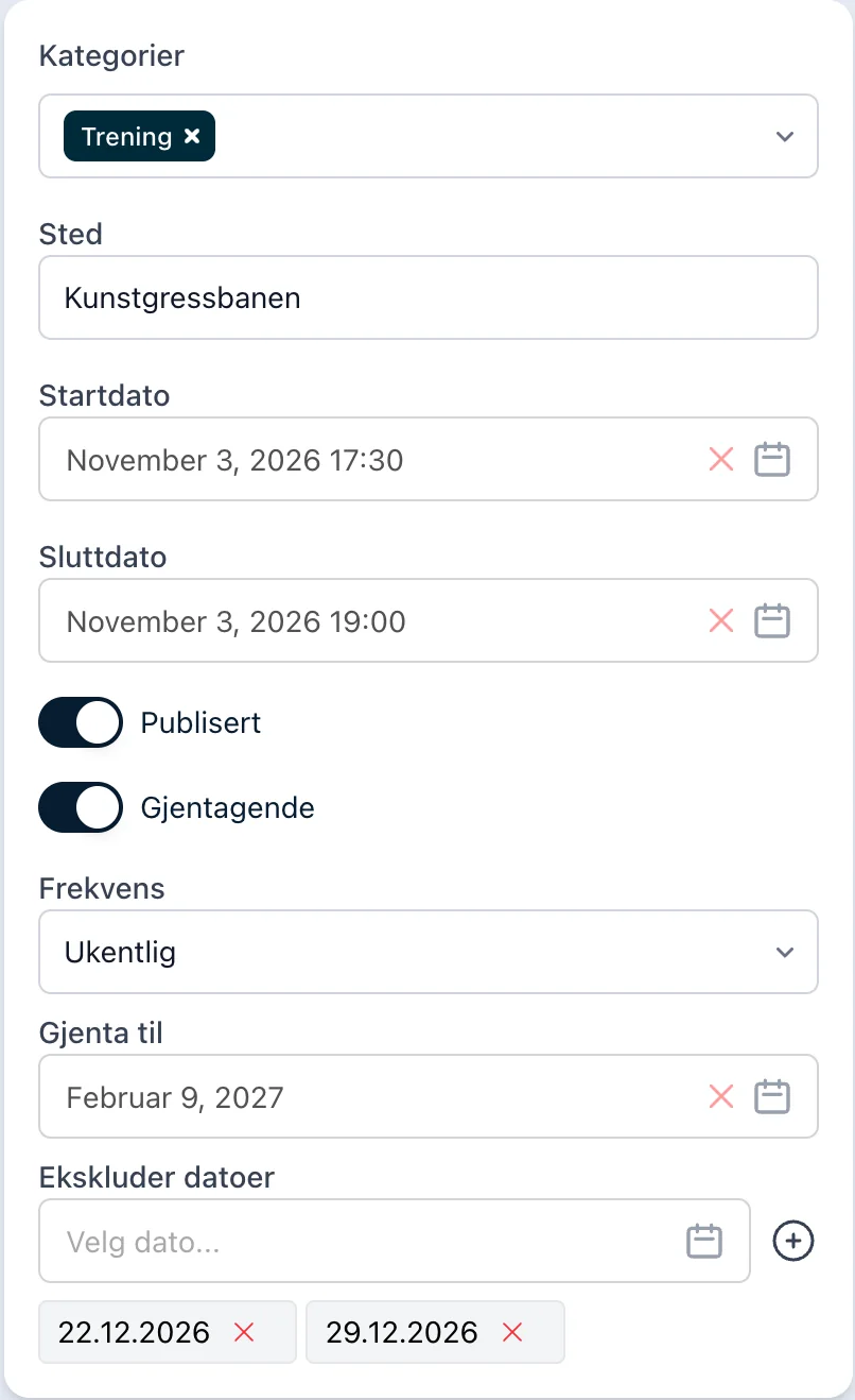 Gjentagende trening hver uke, med pause i juleferien