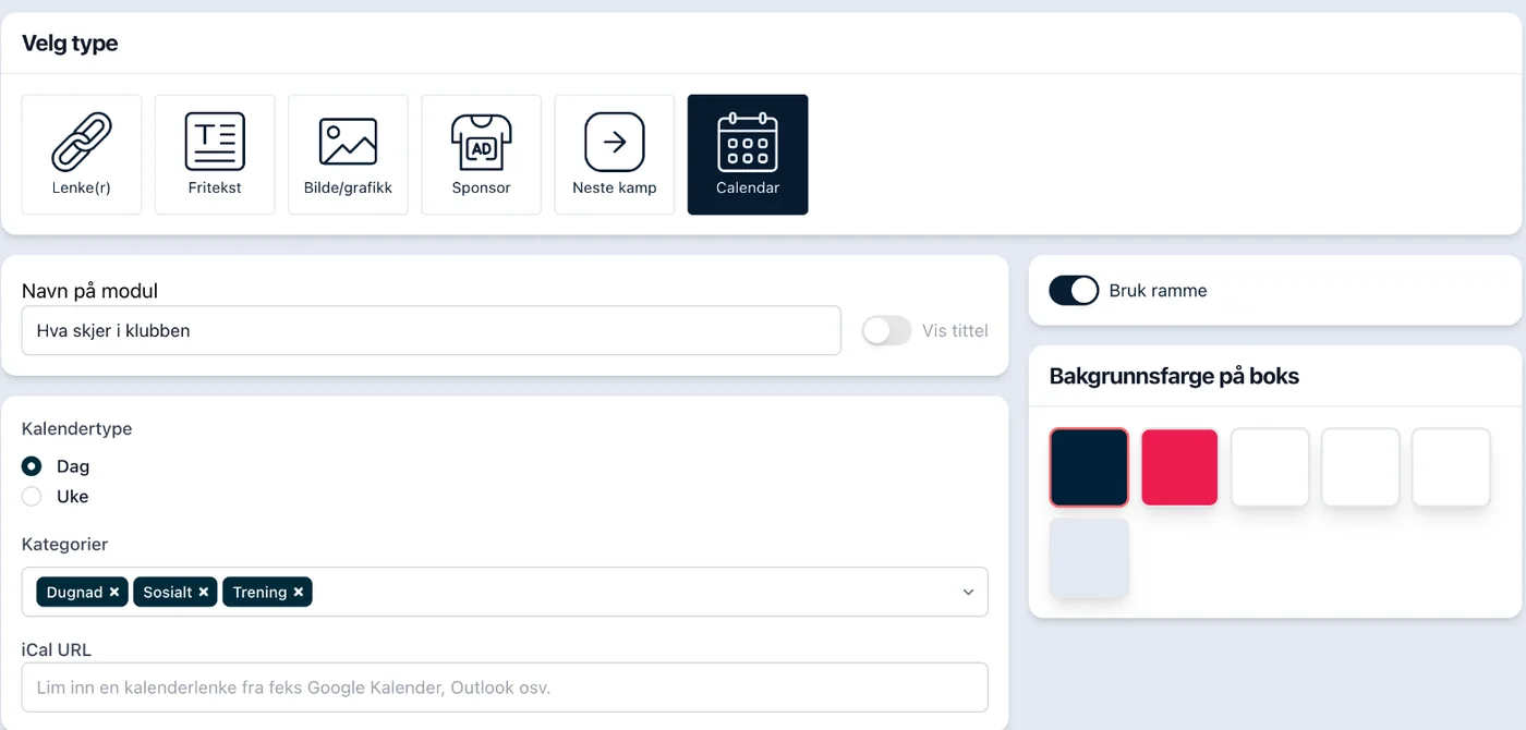 Kalendermodulen med kategoriene Dugnad, Sosialt og Trening valgt